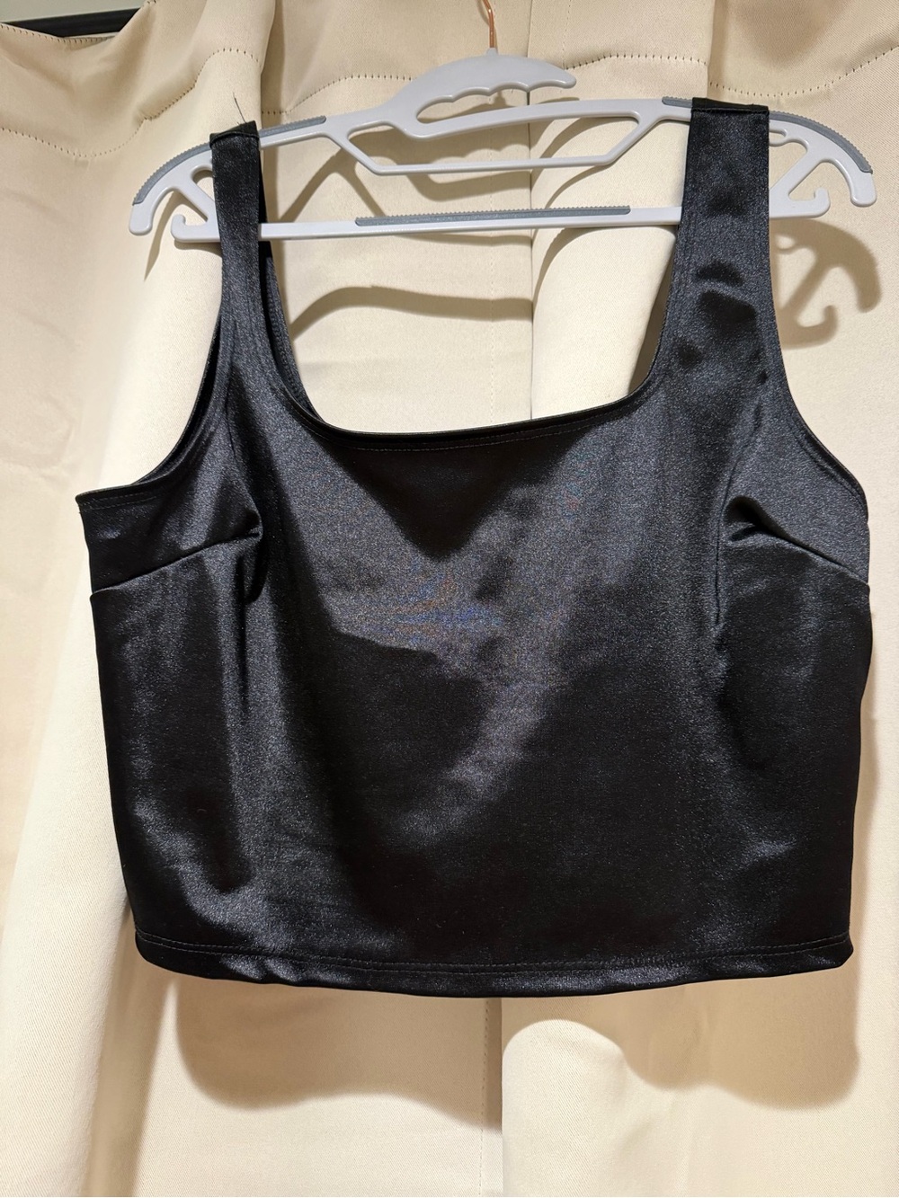 bebe Black Satin Cropped Tank with Logo Tag